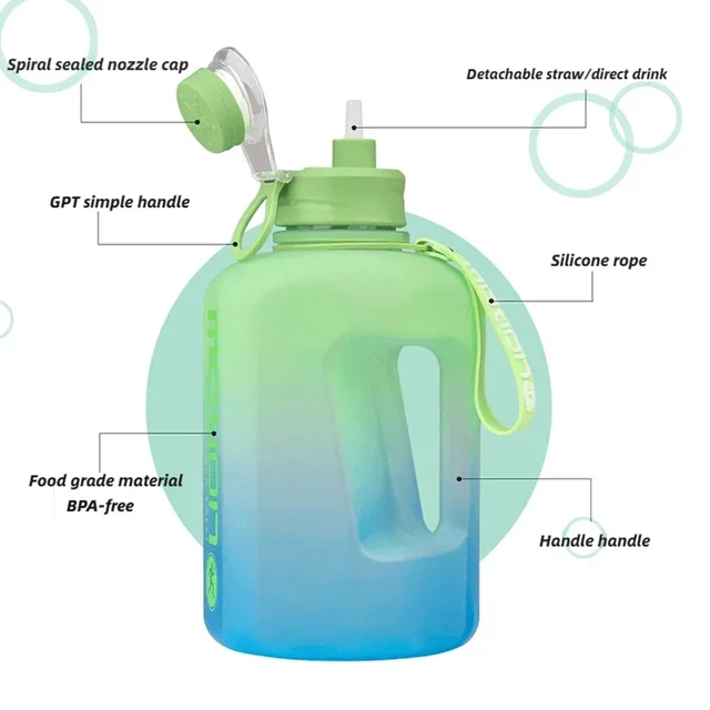 2 Liter Sports Water Bottle With Straw Large Capacity Fitness With Scale Gradient Kettle Outdoor Plastic Portable Water Bottle 3