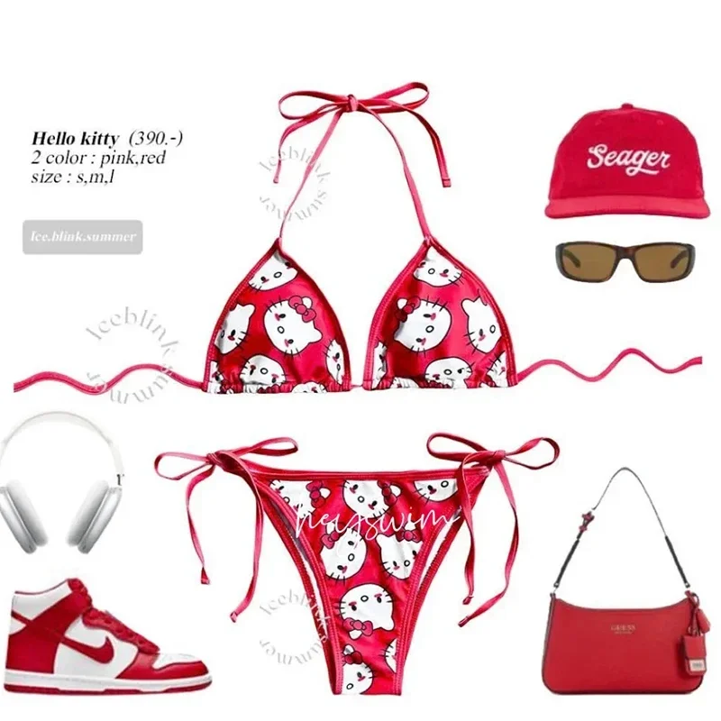 thumbnail image 1 of Conjunto de bikini Sanrio Hello Kitty Kawaii con bonitos dibujos animados de anime para verano, playa, bragas con tiras suaves, traje de baño Kawaii, bikini sexy Y2k, 1 of 5
