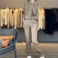 Fashion Suit Autumn Winter 100% Merino Wool Knitted High Quality Sweater Women Tops And Sports Pants Two-Piece Female Girl Cloth 1