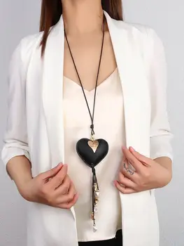 Amorcome Ethnic Black Large Abstract Heart Pendant Colar Long Leather Necklace Metal Beads Tassel Chains Women Mother’s Day Gift