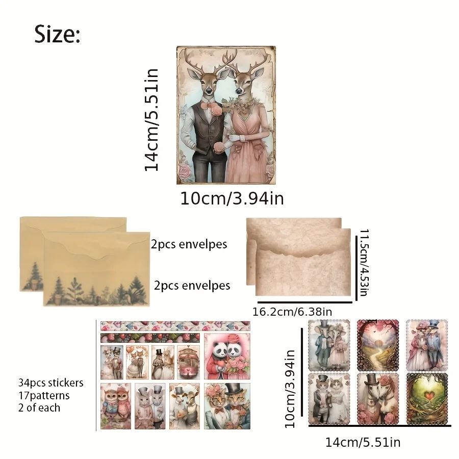 50pcs Card and Sticker Envelope Set Valentine's with Woodland Animal Ptterns for Wedding Flag DIY Bottle Scrapbooking