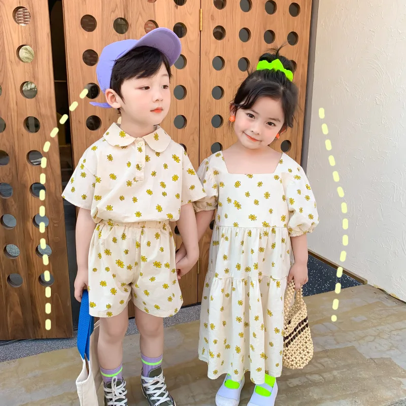 

Brother Sister Outfits Summer Boy Children Flower Thin Casual T-shirt+Shorts 2pcs Girl Baby Cotton Chrysanthemum Princess Dress