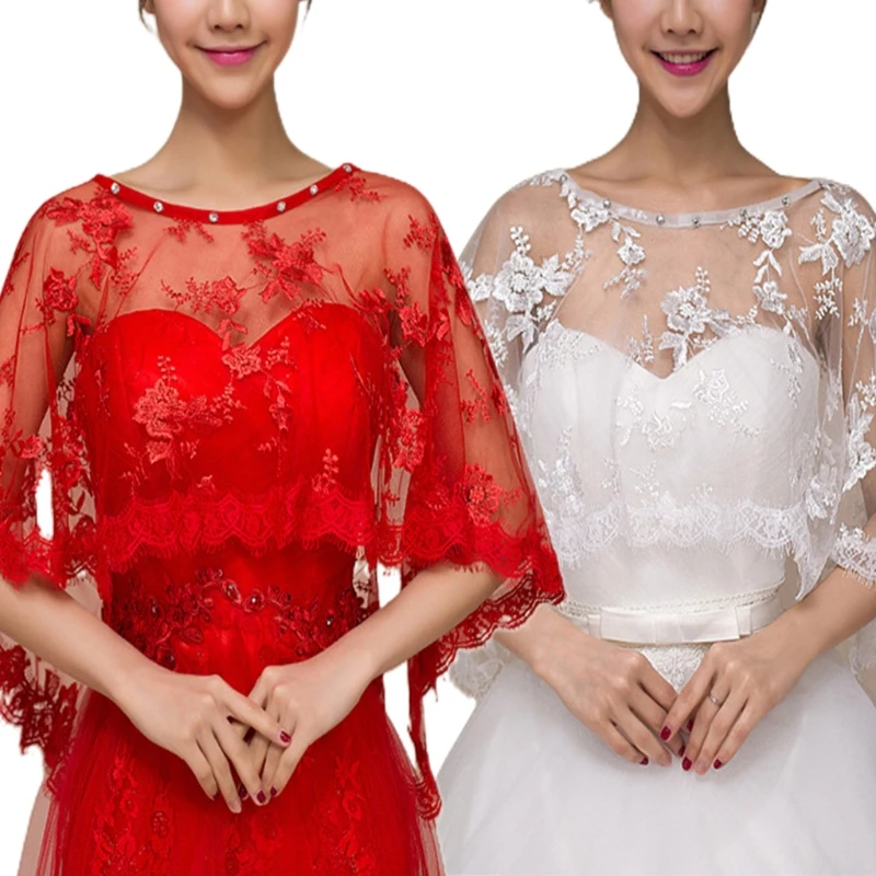 

Womens Embroidery Floral Lace Wedding Shawl Cape Eyelash Trim High Low Tulle Bridal Capelet for Rhinestone Evening Shrug