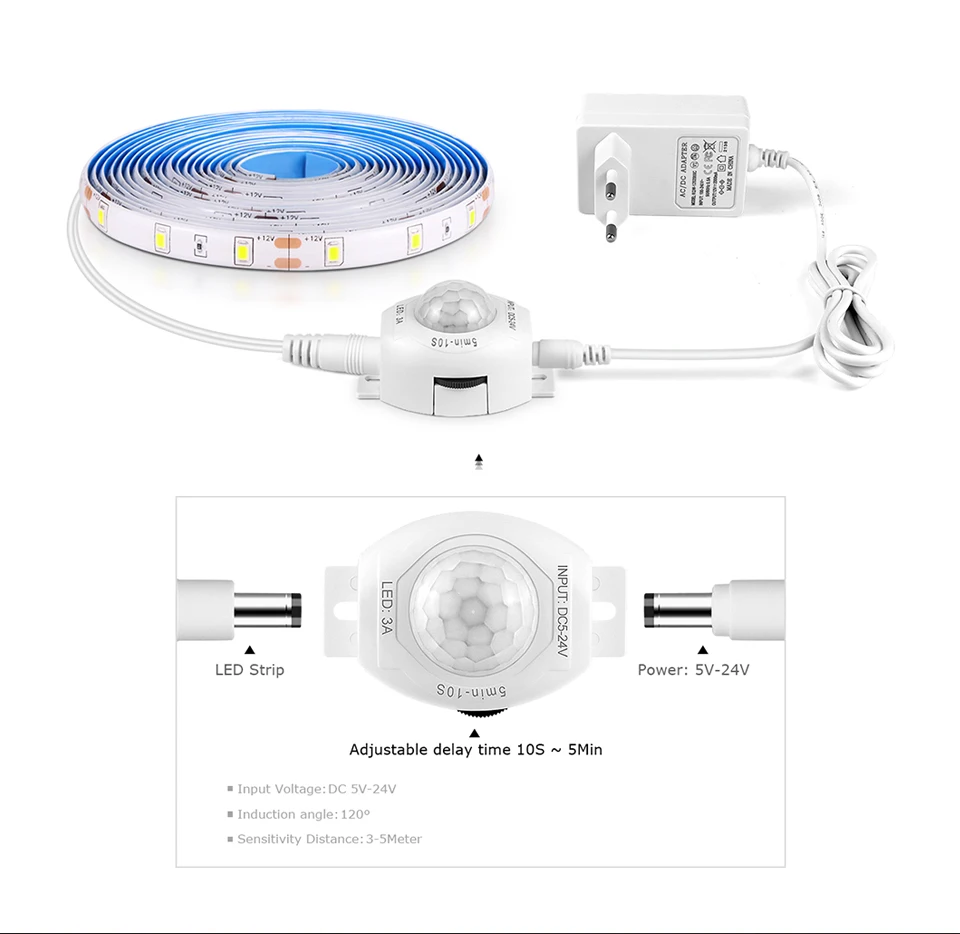 Description Picture 3 of itemWaterproof 2835 Led Strip with 110V 220V To 12V EU US Power Adapter Plug Pir Motion Sensor Switch ruban led Under Cabinet Light