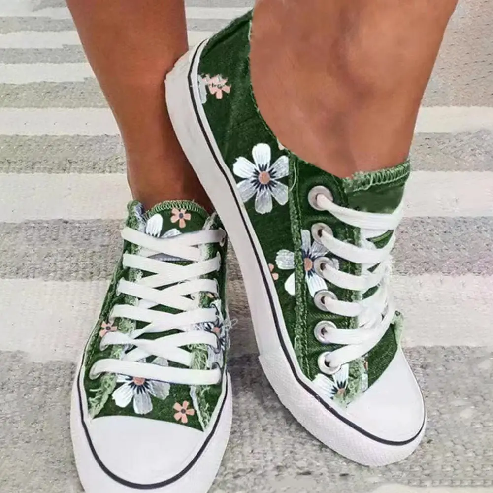 

Woman Canvas Shoes Non-Slip Rubber Sole Flower Print Low Cut Lace Up Flat Sneakers Footwear zapatos de mujer