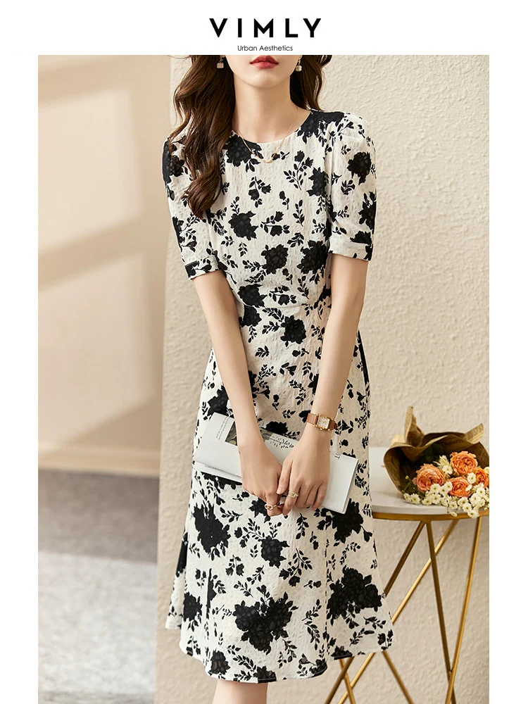 

Vimly Black Rose Printed Elegant Summer Dresses for Women 2023 Vintage Fishtail Puff Sleeve Slim Party Floral Midi Trumpet Dress