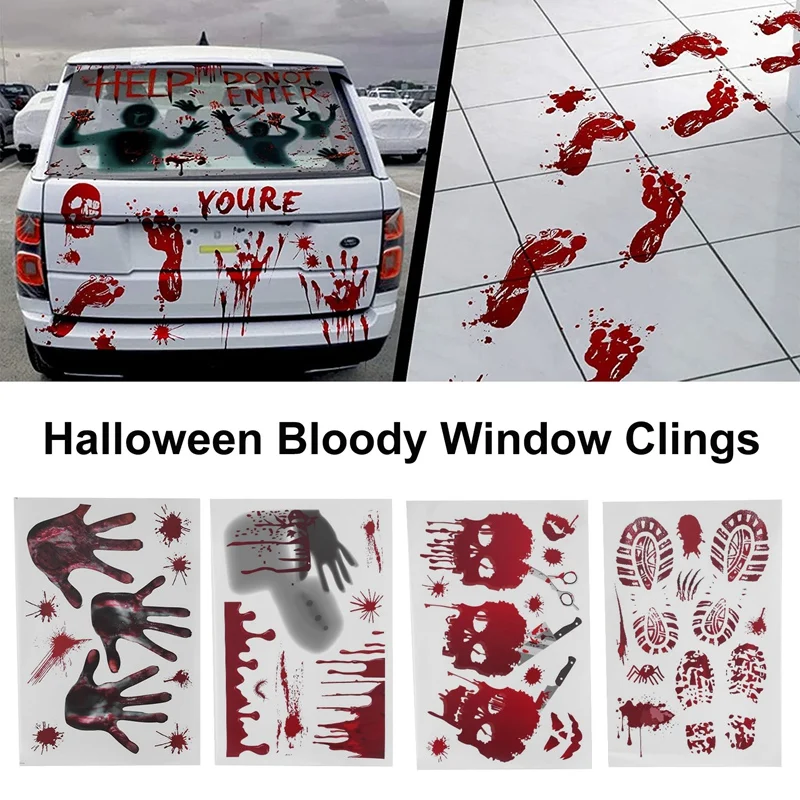 10 Models Bloody Halloween Decorations Window Stickers Horror Decals Bloody Handprint For Halloween Party Decorations