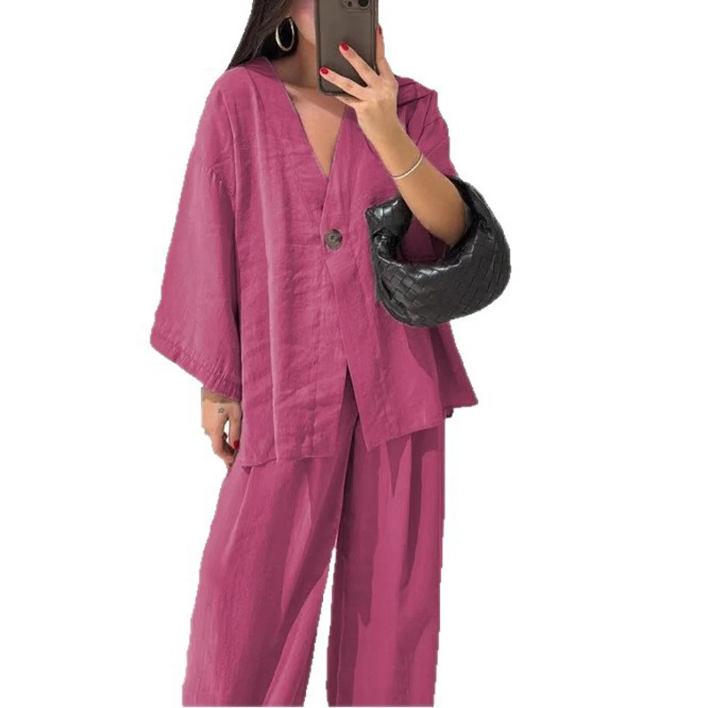 Casual Women V Neck Long Sleeve Blouse and Wide Leg Pant Suits