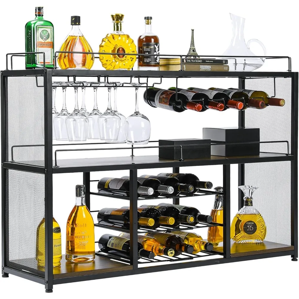 Wine Bar Cart Home Bar Serving Cart 3 Tier Drink with 17 Wine Bottle Racks Liquor Beverage for Kitchen Dining Room