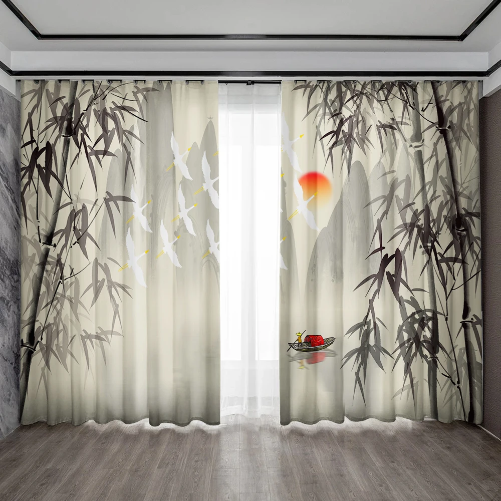 2PC Home Decoration Curtains, Elegant Bamboo Ink Painting With Pole Bag Curtains, Kitchen, Coffee Shop, Living Room, Balcony