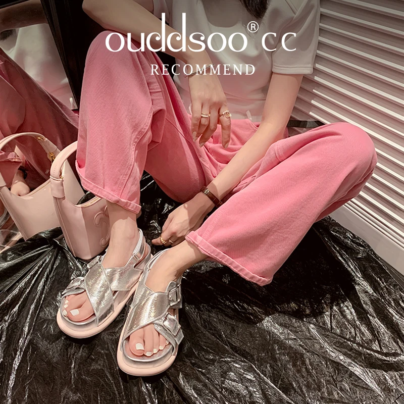 Ods Flat Bottom Thick Bottom Hollow Sandals Women'S Canvas Metal Buckle Open-Toe Sandals Comfort Summer Seaside Holiday Shoes 40