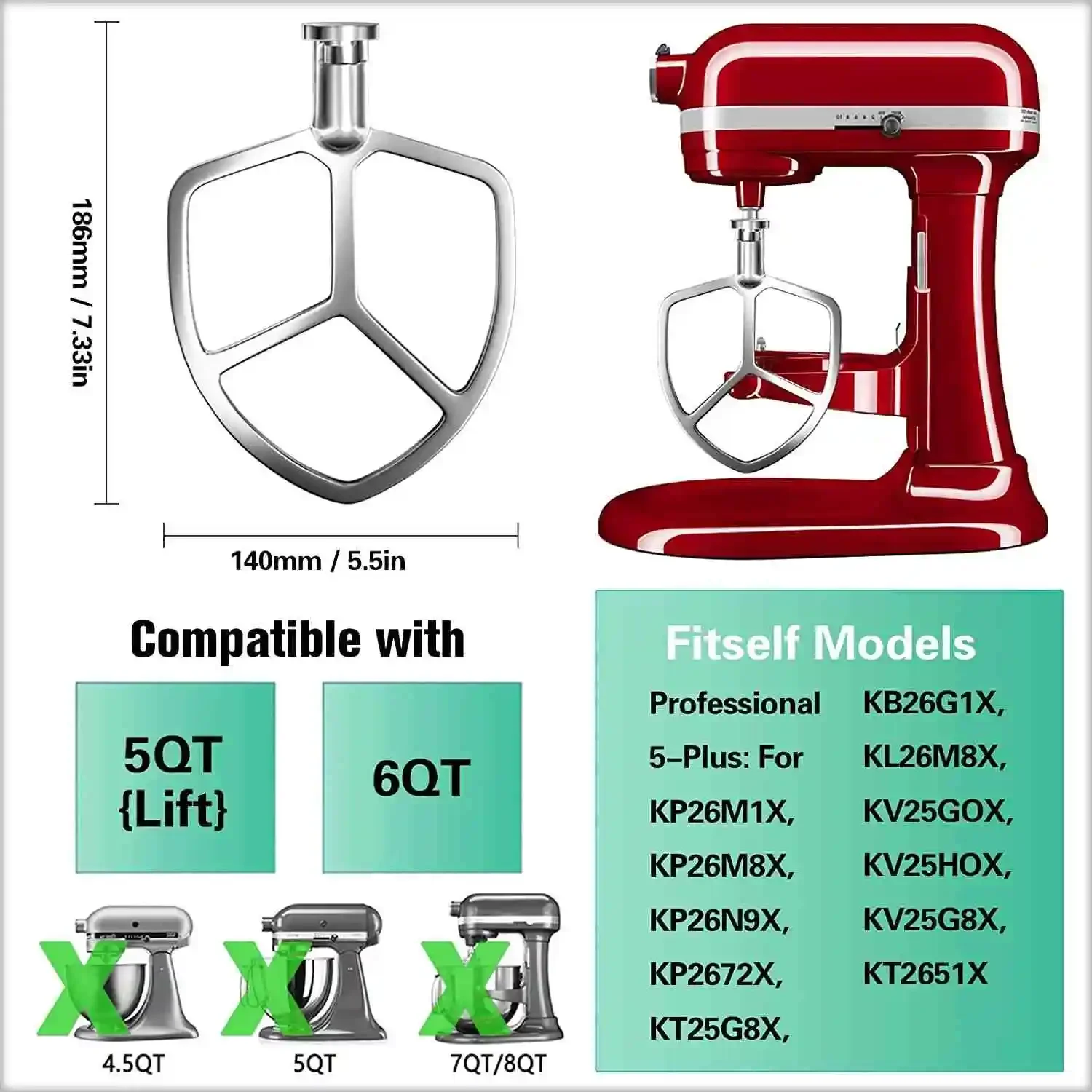 For Kitchenaid 6 Quart Mixer Aid Attachment Parts AccessoriesStand Mixer Wire Whip& Dough Hook&Mixer Aid Paddle 2