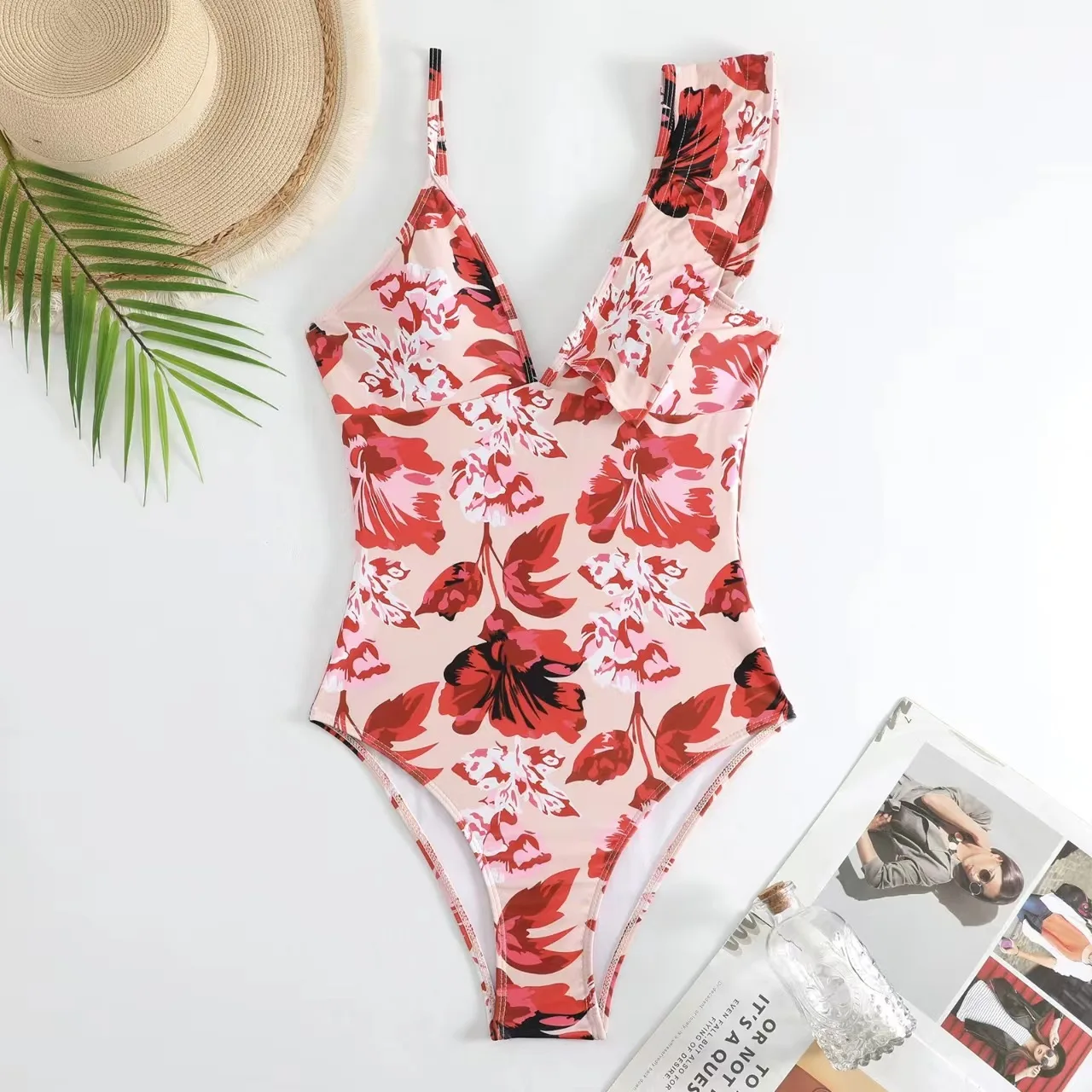 Sexy Backless Ruffled One Piece Wwimsuit Women 2023 Red High Waisted Fashionable Printed Swimsuit Set with Mesh Wrapped Skirt