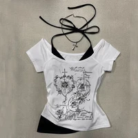 2k Fée Grunge T-Shirts Graphiques pour Femmes E-Girls Goth Côtes Manches Longues Tee Tops Vintage Emo Vêtements 2000s Rétro Streetwear 4