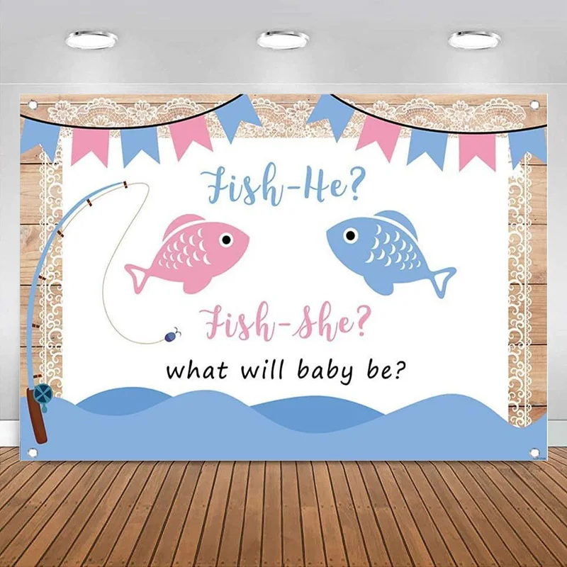 Fishing Theme Gender Reveal Backdrop He or She Baby Shower