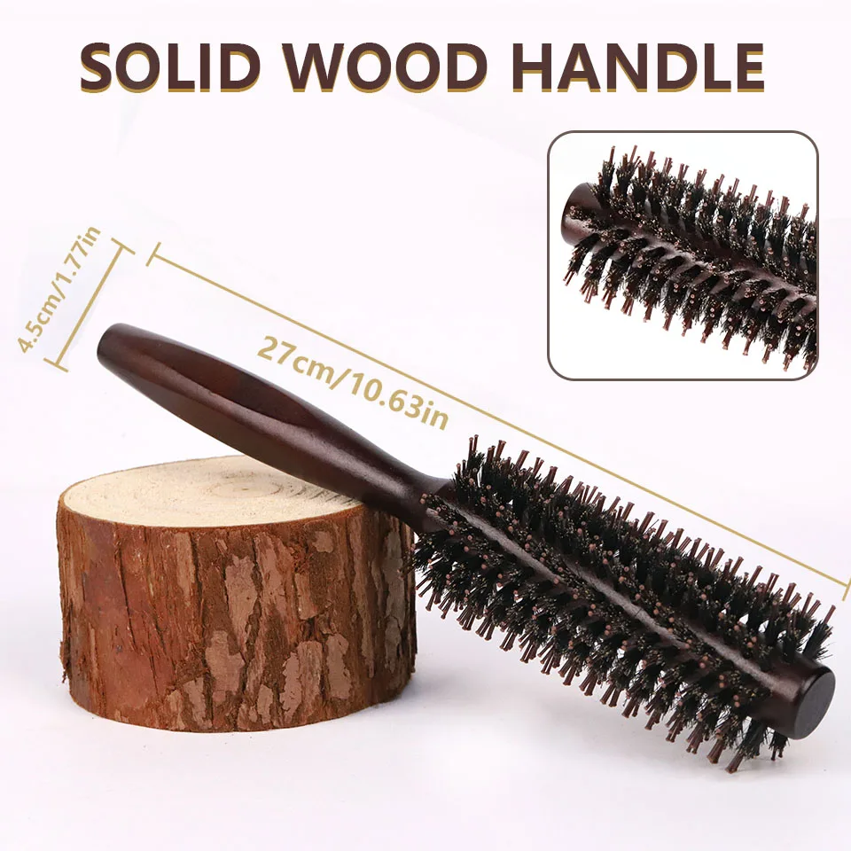 Wood Handle Round Rolling Brush Straight Twill Hair Comb Boar Bristle Round Barrel Hair Curling Brush Hairdressing Beauty Tools 2