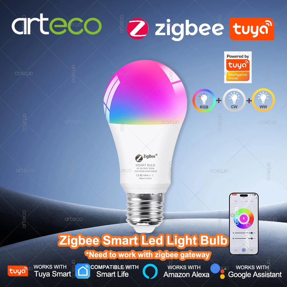 Tuya E27 Zigbee Smart Bulb RGBCW 15W 18W Smart Life App Led Bulb Light Smart Led Lamp Works With Amazon Alexa Google Home Voice