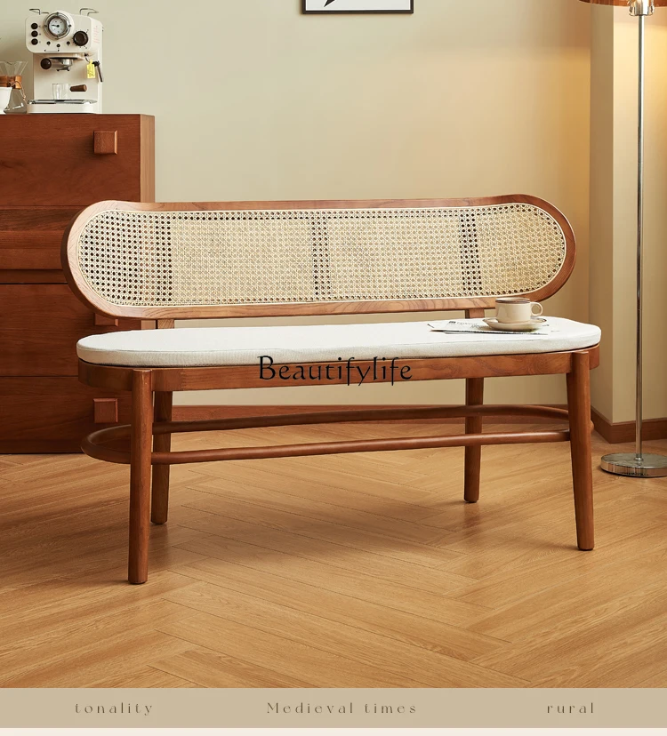 

Wooden Rattan Bench Vintage Bedside Stool Log Strip