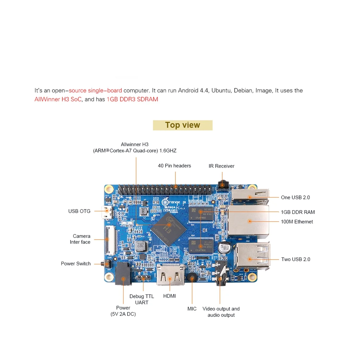 

Мини-ПК Orange Pi PC H3, четыре ядра, 1 Гб, поддержка Lubuntu Linux и Android