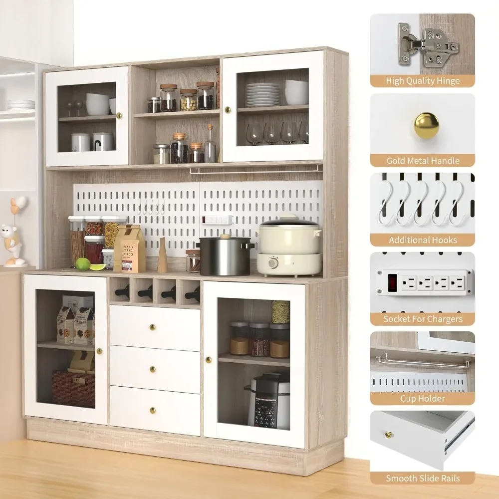 Kitchen Hutch Cabinet, Pantry Cabinet, Power Outlet,Freestanding Buffet Hutch with Pegboard, Cup Holder,  4 Doors & 3 Drawers 4
