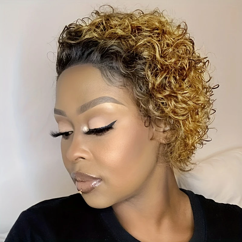 Pixie Cut Human Hair Wig Short Curly Human Hair Wigs 13*1 Transparent Lace Frontal Wigs For Women
