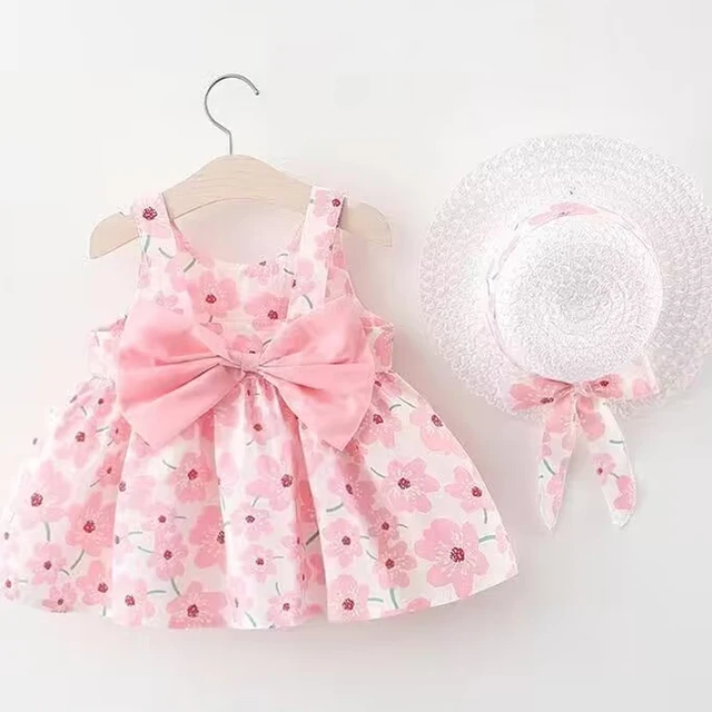 Vêtements d'été pour bébés de 0 à 3 ans, robe de princesse fleurie sans manches avec chapeau et nœud pour filles, vacances à la mer 1