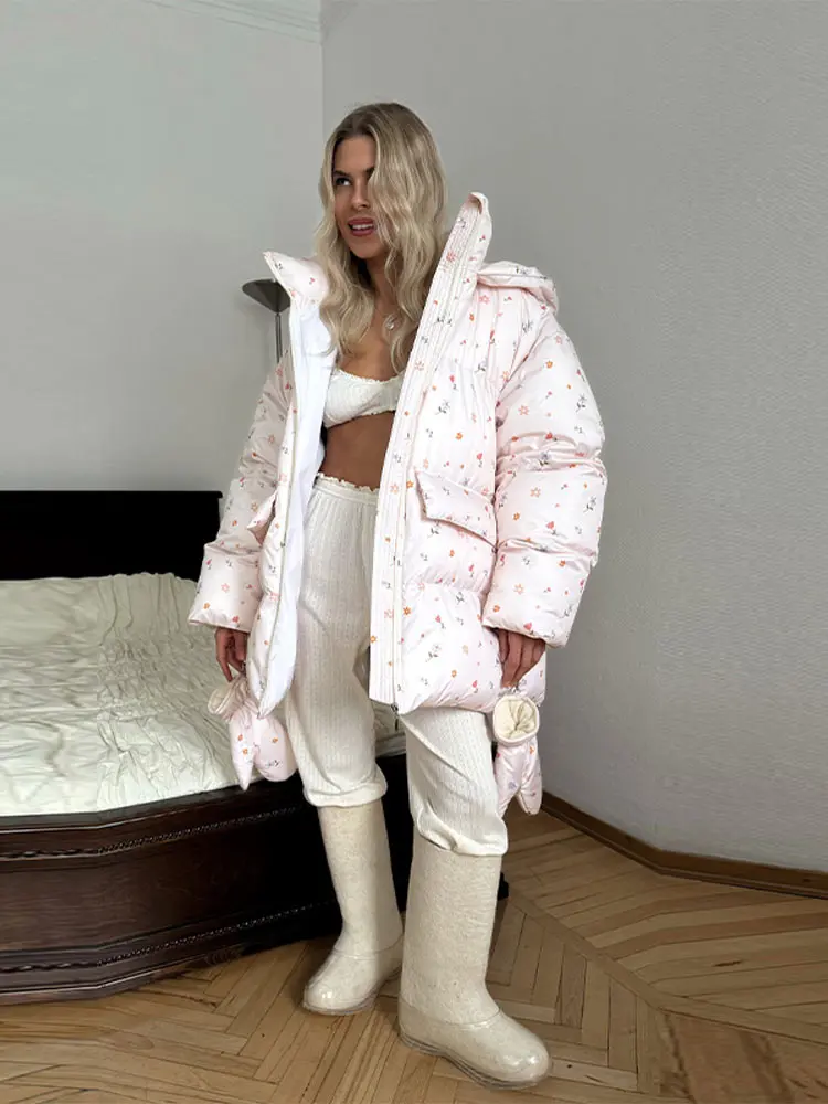 Übergroße Blume Gedruckt Frauen Baumwolle Mantel Puff Sleeve Mit Kapuze Taschen Zipper Weibliche Winter Lose Beiläufige Straße Jacken Damen – Detail 5