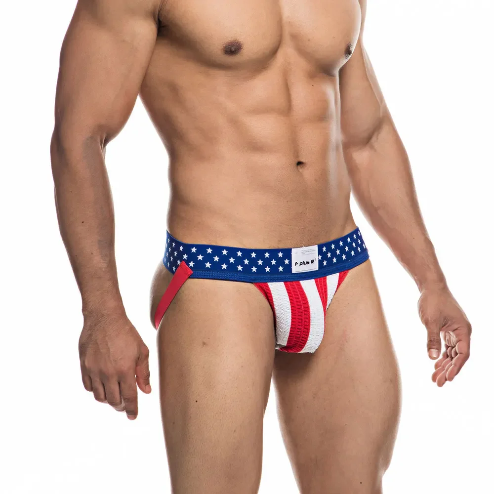 Male Underwear Male Lingerie Men's Jockstrap Athletic Supporters Underwear Sexy USA Flag Gym Workout Breathable Performance Jock Strap G String Thong Gay