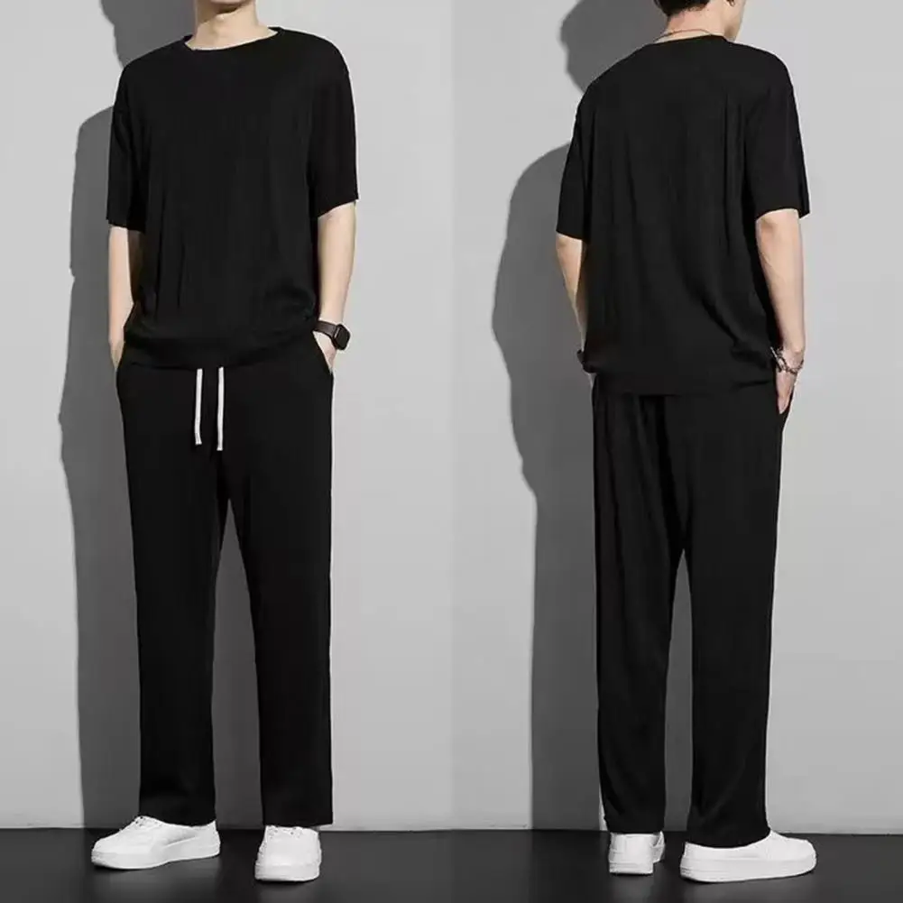 

Skin-friendly Workout Suit Men's Summer Casual Outfit Set O-neck Short Sleeve T-shirt Wide Leg Pants with for Everyday