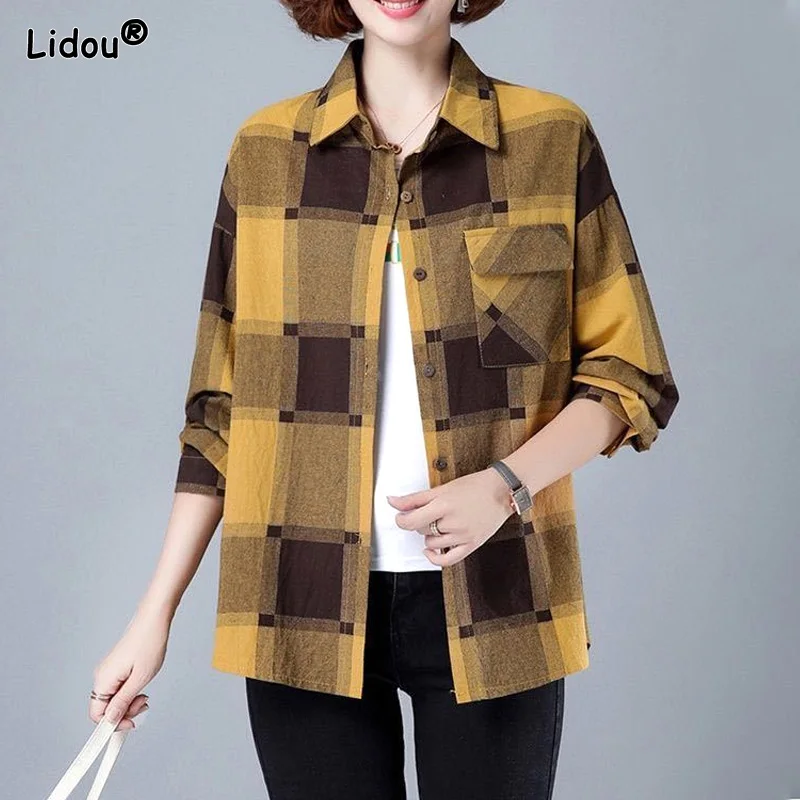 Casual Thin Lattice Women's Clothing 2022 Spring Summer Turn-down Collar Wild Simple Pure Cotton Straight Cardigan Korean Button