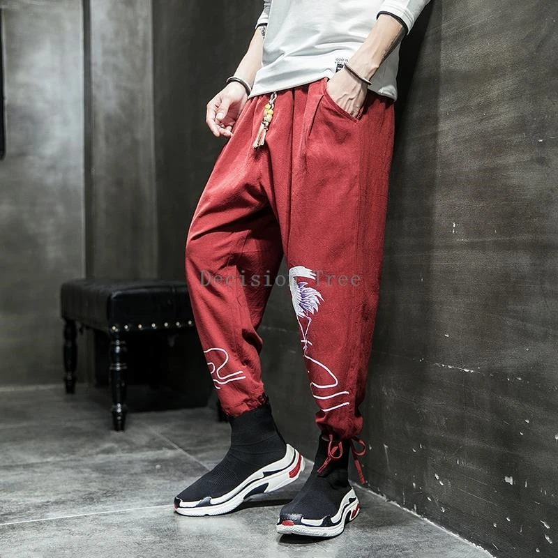 new chinese style men wushu tang suit pants summer loose straight leg pants antique printing leisure cotton linen trousers