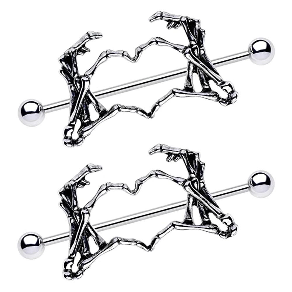 

WKOUD 2 PCS Body Candy Nipplerings Piercing Women 14G 1 1/2" Stainless Steel Skeleton Heart 2Pc Dangle Nipple Ring Set 38mm