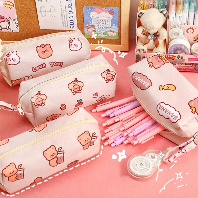 Kawaii Large Pencil Case Stationery Storage, Bags Canvas, Pencil Bag, Cute  Makeup Bag, School Supplies for Girl Kids Gift W/ Badge 