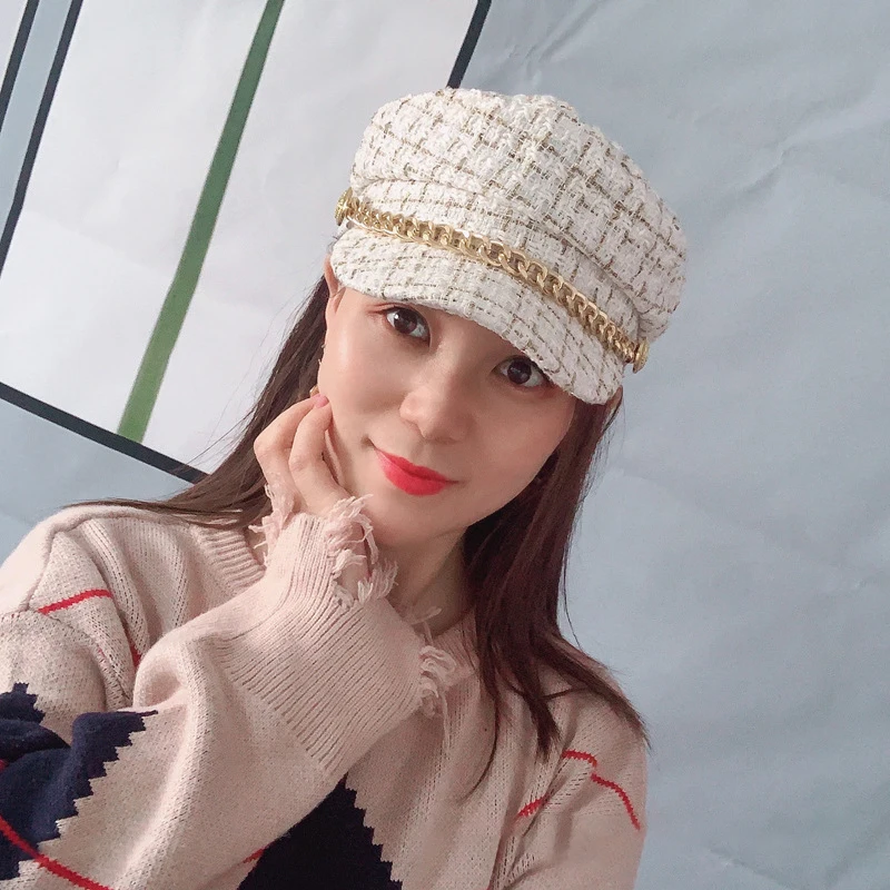 가을 겨울 진주 체인 플랫 탑 네이비 모자, 패션 베레모, 뉴스보이 모자, 여성 팔각형 모자, 디자이너 의류