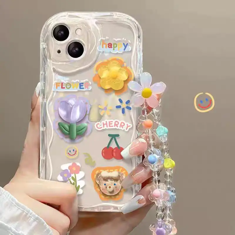 Charming 3D Pink and Blue Flower Chain Phone Case