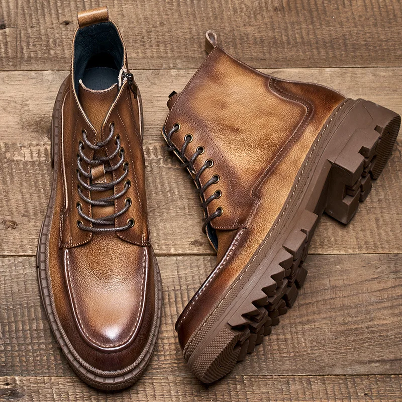 

Vintage Men's Genuine Cow Leather Boots Luxury Brand Retro Handmade Comfortable Platform Man Ankle Business Shoes Boots with Zip