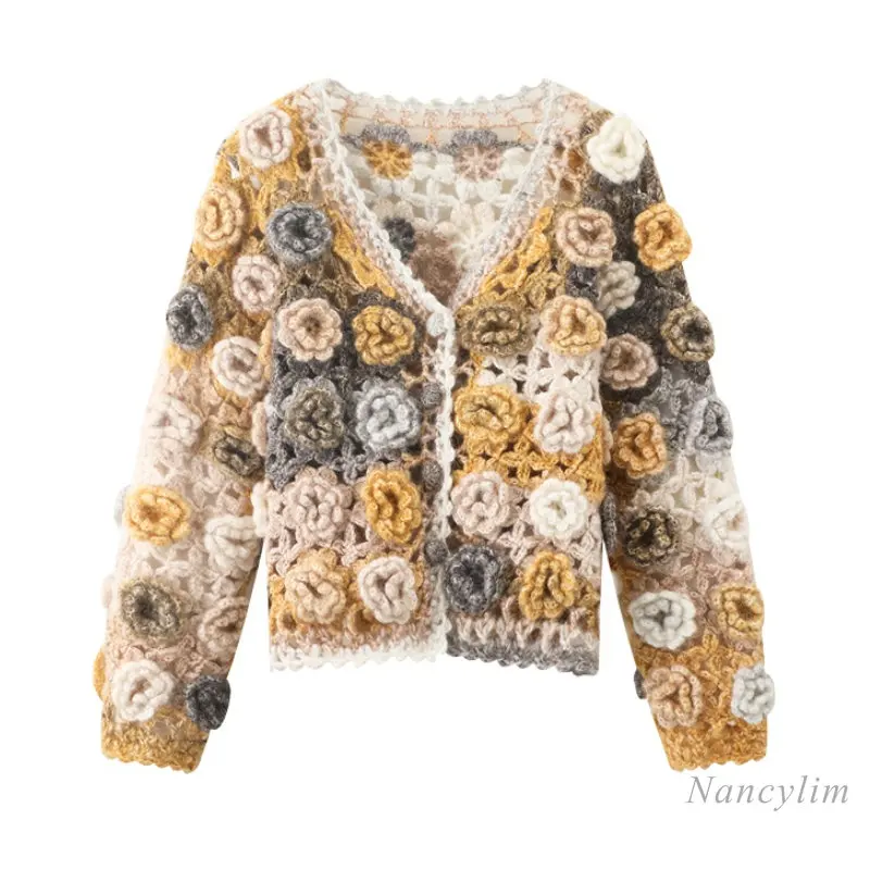 

2023 Spring Autumn New Handmade Crochet Hollow Flower Heavy Industry Knitted Cardigan Sweater Coat Design Sense Floral Knitwear