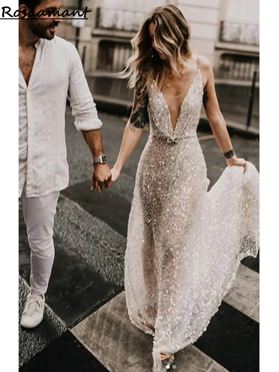 

Glitter Sequined Beading Deep V-Neck Backless Wedding Dresses A-Line Spaghetti Straps Illusion Sleeveless Bridal Gowns