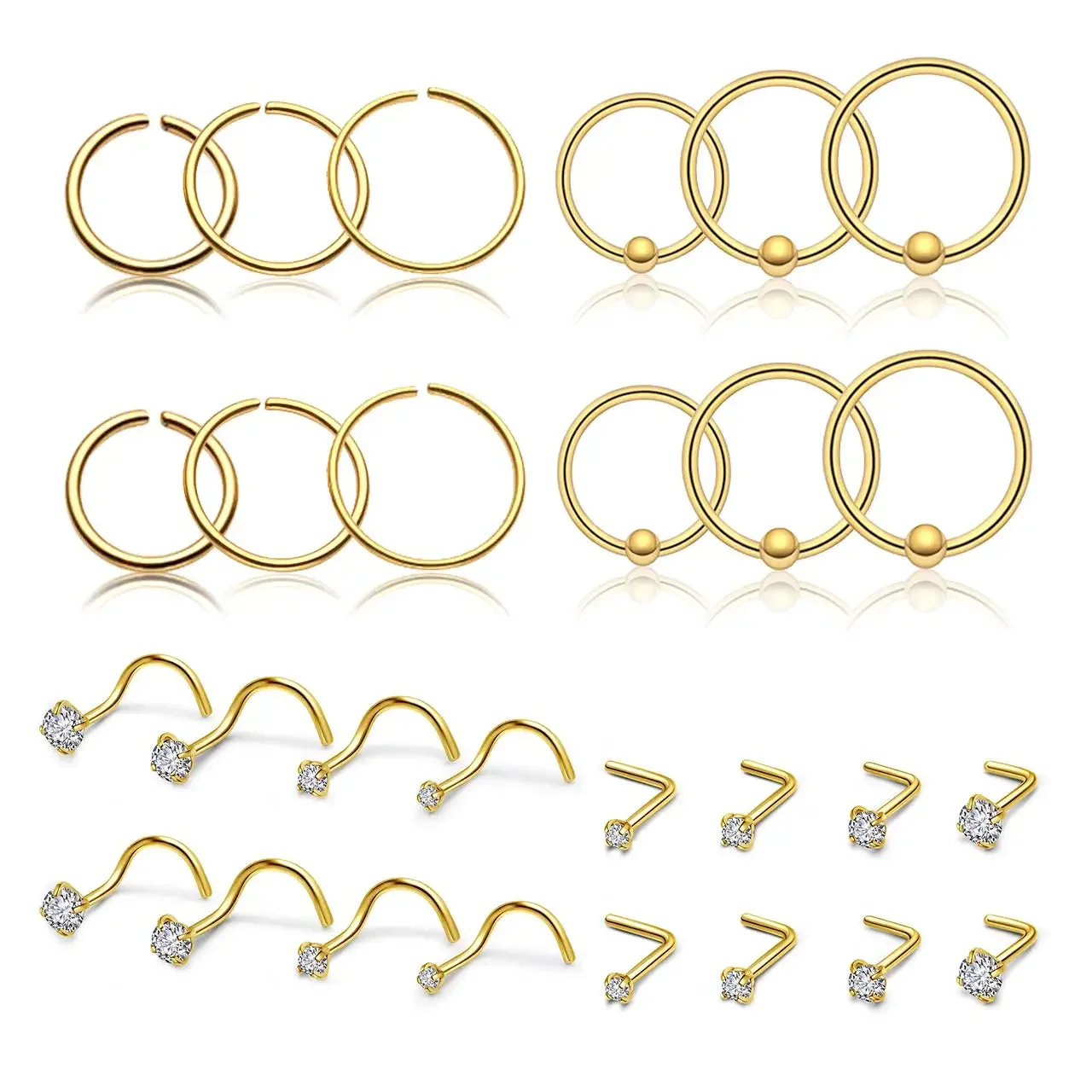 

28 Pieces Women's Nose Ring 20G Stainless Steel Nose Nail Lip Ring crystal L-shaped Screw Nose Ring Body Piercing Jewelry
