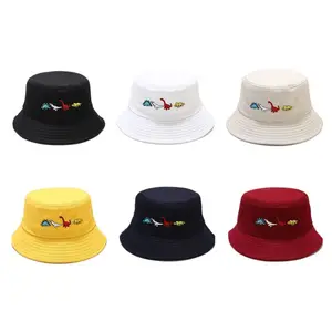 2022 Cotton Cartoon Cute Little Dinosaur Embroidery Bucket Hat Fisherman Hats Outdoor Travel Sun Cap For Men And Women 39