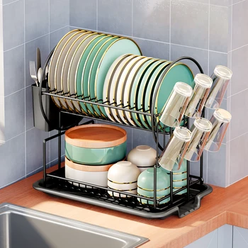 Set di tavole di scarico per piatti a 2 livelli, scolapiatti per stoviglie, portaoggetti da appoggio da cucina, portabicchieri, portacoltelli e forchette 1