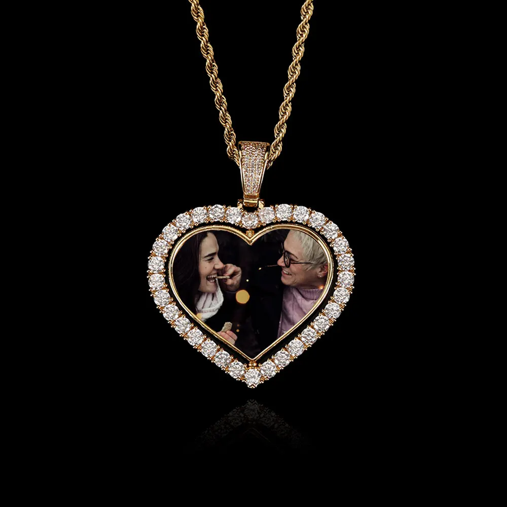 Customized Jewelry Rotating Double-sided Heart Photo Pendant Hip Hop Iced Out Memory Medallions Pendant Gift for Him/Her