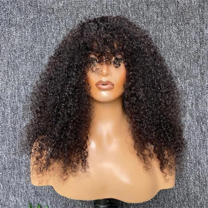 

Soft Natural Black Kinky Curly 26"Long 180Density Machine Wig With Bangs For Black Women High Temperature Cosplay Glueless Daily