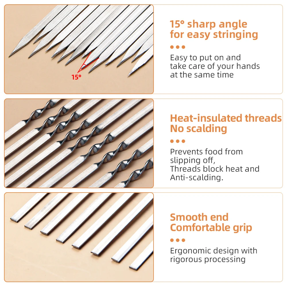 Barbecue Skewer Stainless Steel with Tube Reusable BBQ Needle Stick Skewers Kebab for Outdoor Camping Picnic Tools Cooking Tools