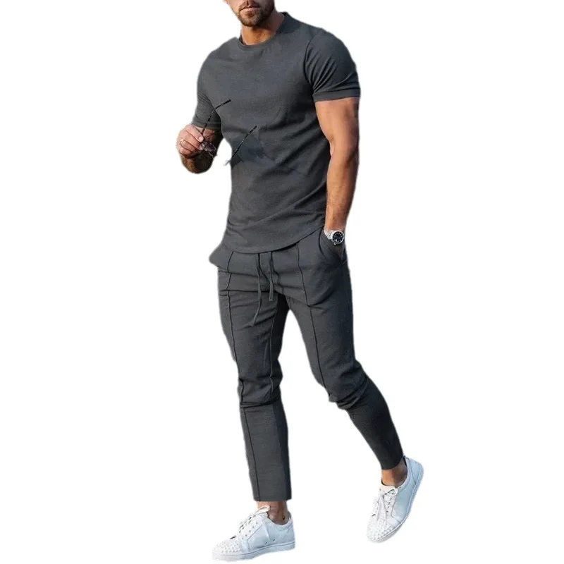 2PCS Set Europe and America Set Mens Fall Summer Solid Casual Round Neck Short Sleeve Sports T-shirt for Men