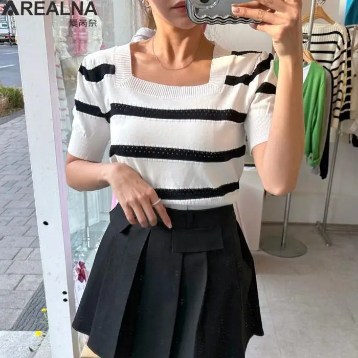 

Женский вязаный свитер в полоску, тонкий элегантный стильный свитер из вискозы с квадратным вырезом, в Корейском стиле, лето 2023