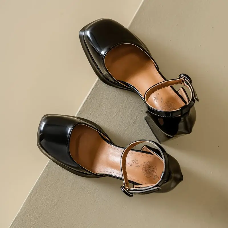 ANOVISHANA Brand Women Pumps Square Toe Block Heels 9cm Buckle Strap Big Size 45 46 Mary Janes Party Wedding Shoes 32 33 4