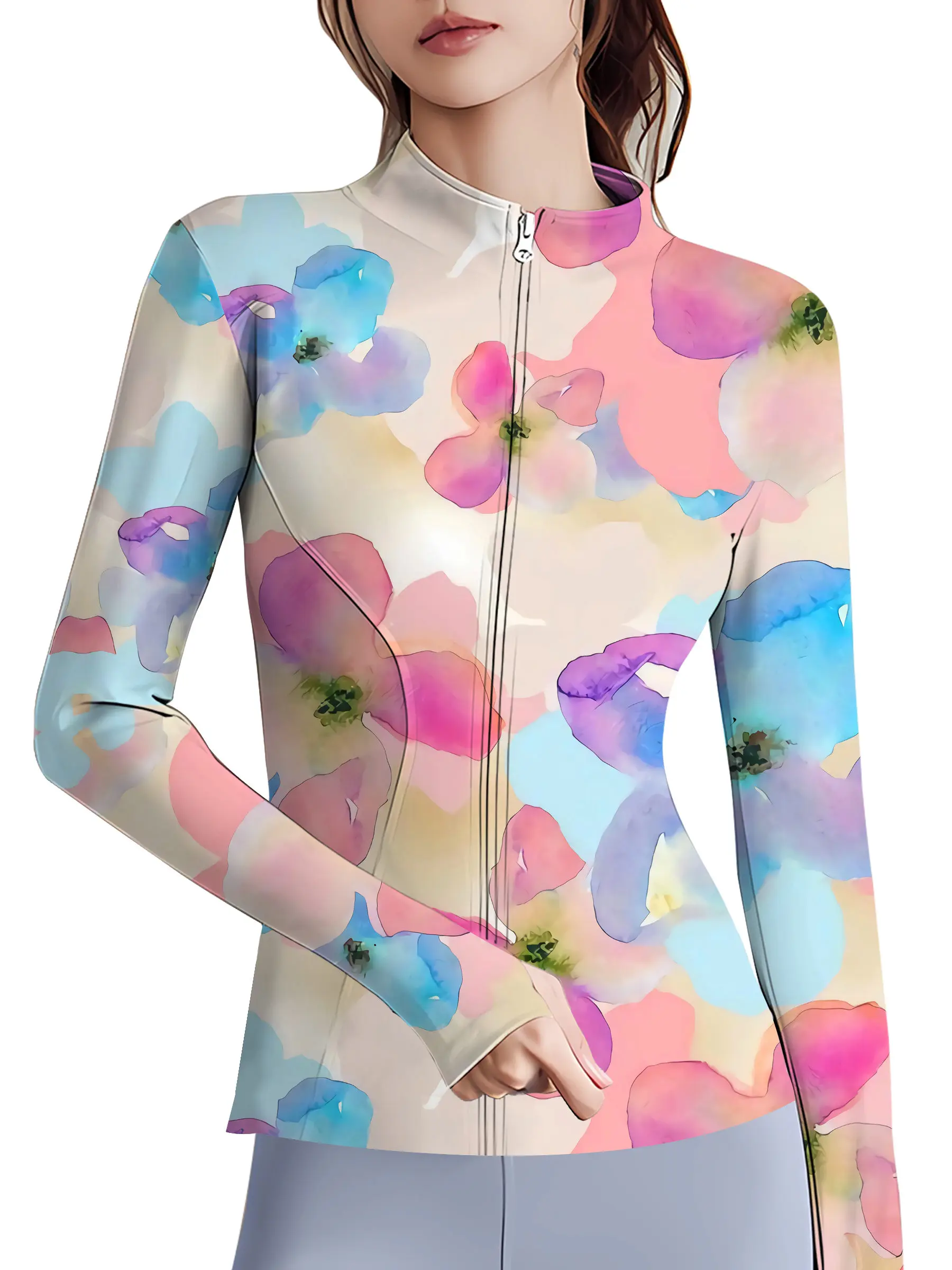 

MSIEESO Fashion Women Shirts Colorful Watercolor Art Flowers Printed Yoga Jackets Teens Girls Fitness Sportwear Dropshipping