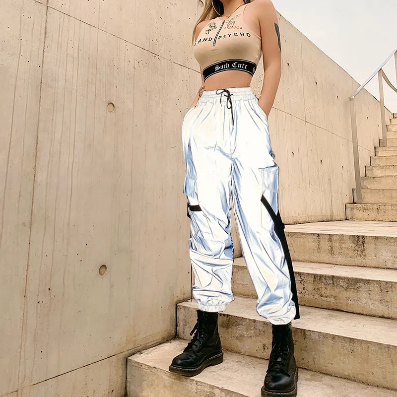 Women's Street Lace-up Cargo Casual Pants High-waisted Reflective Straight Trousers Woman