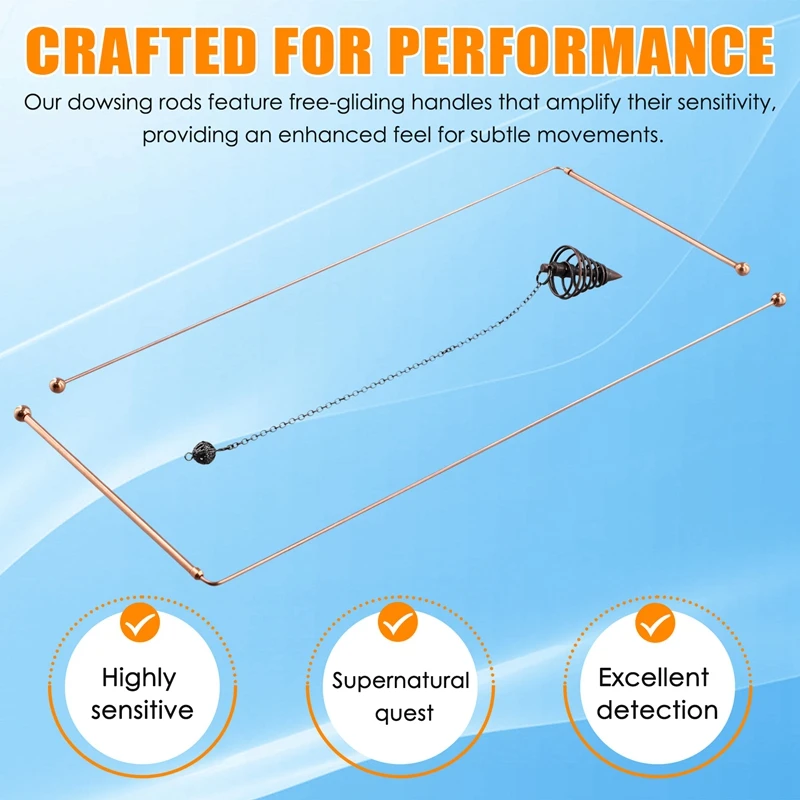 Dowsing Sticks Copper Dowsing Rods 99.9% Pure Copper 2PCS Divining Rods Energy Water Witching Detector With Pendulum Pendant